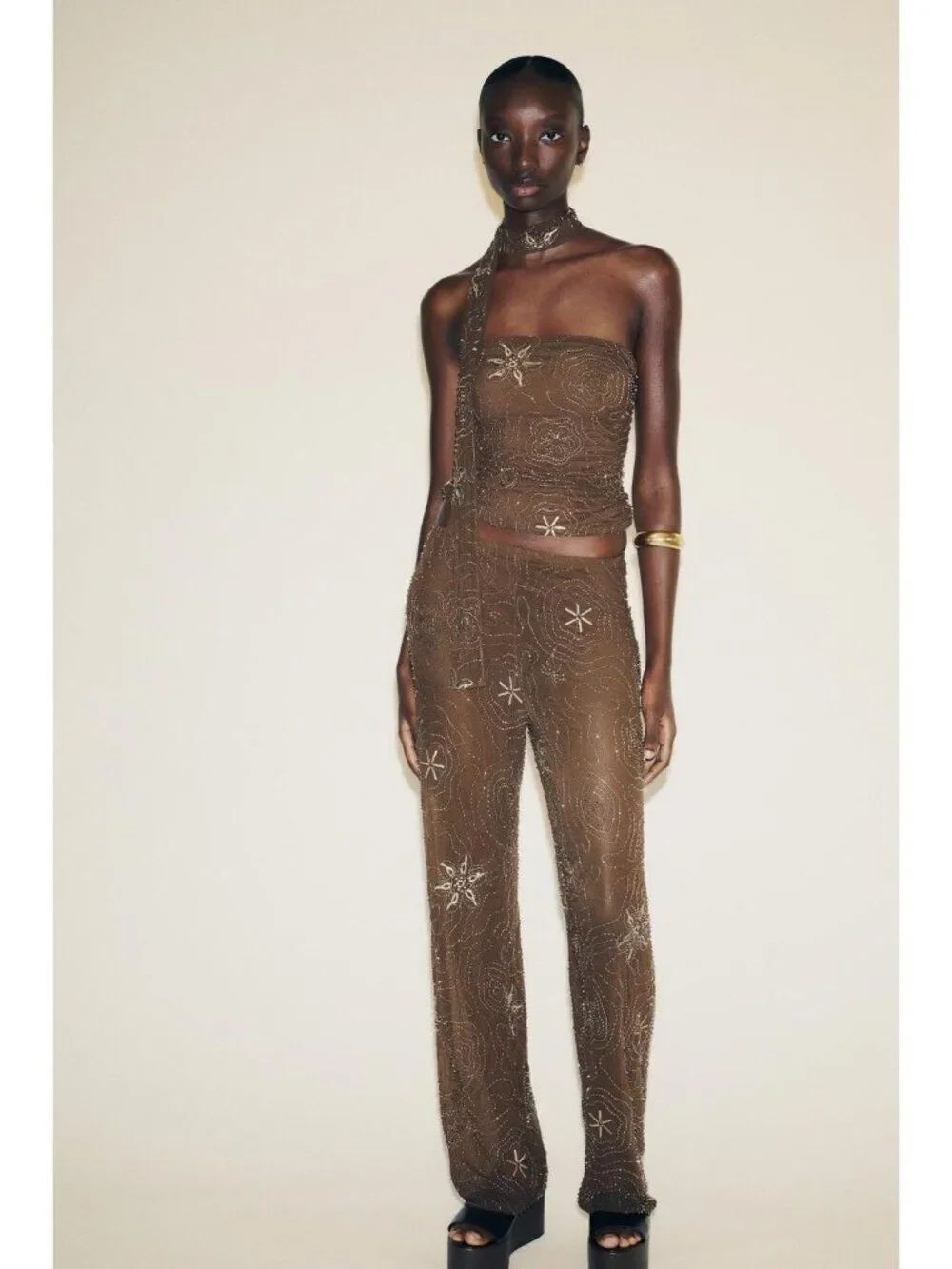 Zara Womens Pants Sheer Trousers Large L Chocolate Beaded Sequined 4813/815 NWOT